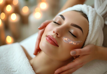 Hands of cosmetologist making manual relaxing rejuvenating facial mask for young woman in beauty salon. Rejuvenating facial massage in cosmetology.