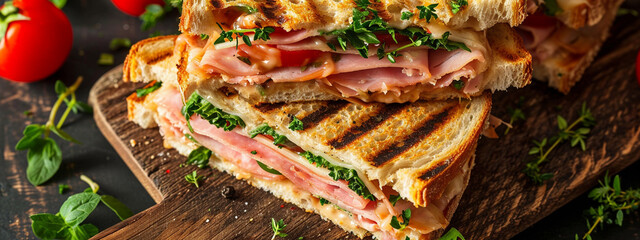 Grilled and pressed toast with smoked ham, cheese, tomato and lettuce served on wooden cutting board - obrazy, fototapety, plakaty