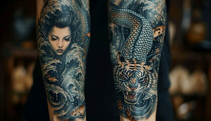 a forearm selve tattoo design, detailed, layered, black and gray, Japanese tattoo style, of a beautiful woman a tiger and fish,generative ai - obrazy, fototapety, plakaty