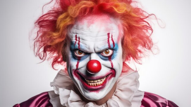 portrait of a scary crazy looking maniac killer clown with make-up and big red nose with colorful hair and joker outfit. isolated on white background