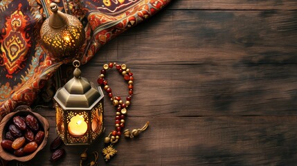 Fototapeta na wymiar Ramadan lamp, rosary and dates. Holidays decoration, top view