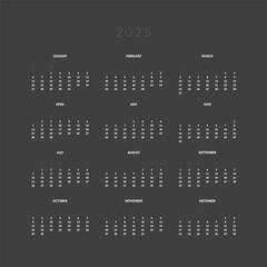 2025 Annual Calendar template in Square shape. Vector layout of a wall or desk simple calendar with week start Monday. Calendar design in dark color for print