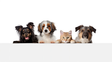 Cute dogs and cats together hanging paws over white horizontal website banner, AI Generative.