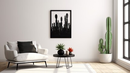 Trendy white living room with modern decoration, simple home decor. Room with black furniture, frame, cactus and some plants