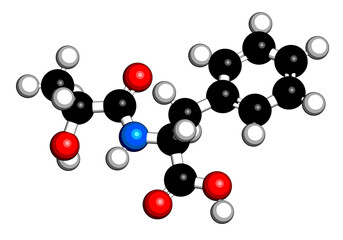 N-lactoyl phenylalanine (Lac-Phe) molecule. 3D rendering.