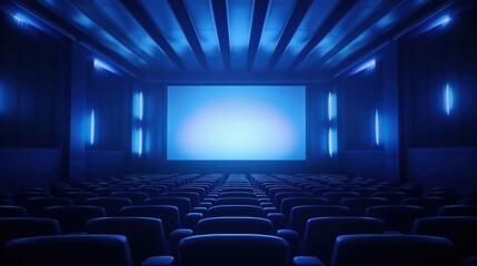 Empty of cinema in blue color with white blank screen. Mockup of auditorium no people