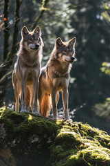 two beautiful wolves on the background of the forest.