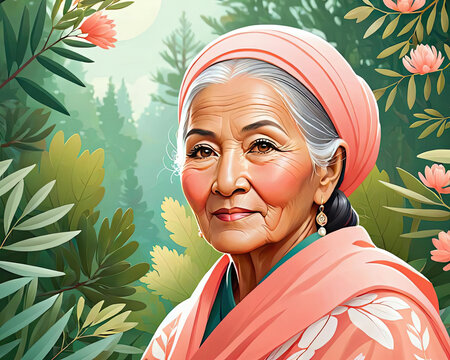 Modern Flat Close-Up Portrait Design Illustration of a Brawny Olive-Skin Central Asian Older Woman Surrounded by Nature Gen AI