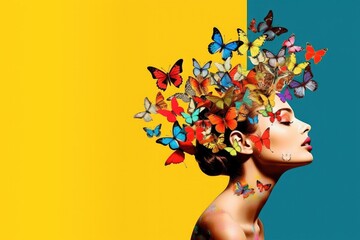 Stunning portrait of a beautiful woman with a headdress of butterflies of all colors. Space for copy. - obrazy, fototapety, plakaty