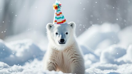 Fototapeta premium Baby polar bear with birthday hat generative ai