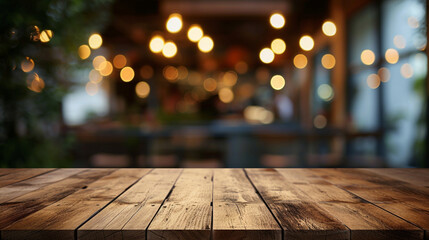 wood table on blur of cafe, coffee shop, bar, background - can used for display or montage.