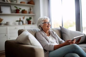 Elderly lady with glasses smiling using a tablet at home browsing internet or watching videos