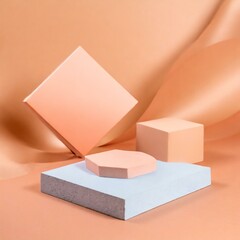 Minimalist style podium with geometric shapes to display products on a monochrome background in peach fuzz tones