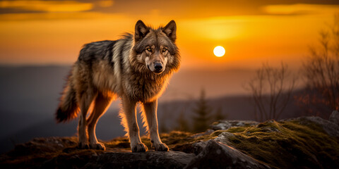 portrait of a lone wolf (Canis lupus) at the mountains at sunset
