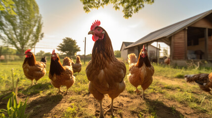 a group of chickens near a farm in the sun	
