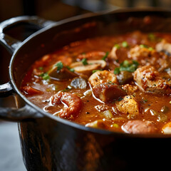 Prompt Gumbo, rich and flavorful, in a pot, New Orleans style, warm, soft light.--v6.0 Generative AI