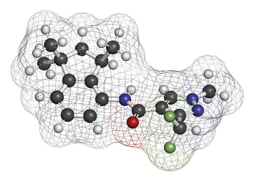 Inpyrfluxam fungicide molecule. 3D rendering.