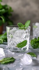 Fototapeta premium An expertly crafted cocktail with mint and lots of ice to keep you cool. Alcoholic mint drink in icy aura and refreshing breeze. Drink for hot days.