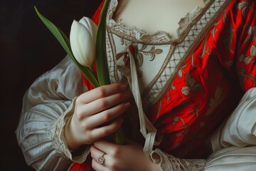 A styled renaissance faceless portrait of a hand holding a tulip tied with a red ribbon. Renaissance Splendor with Tulip. Spring time