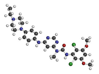 Infigratinib drug molecule. 3D rendering.