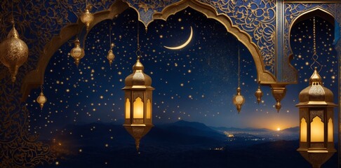 Fototapeta na wymiar Ramadan lanterns on night background with moon
