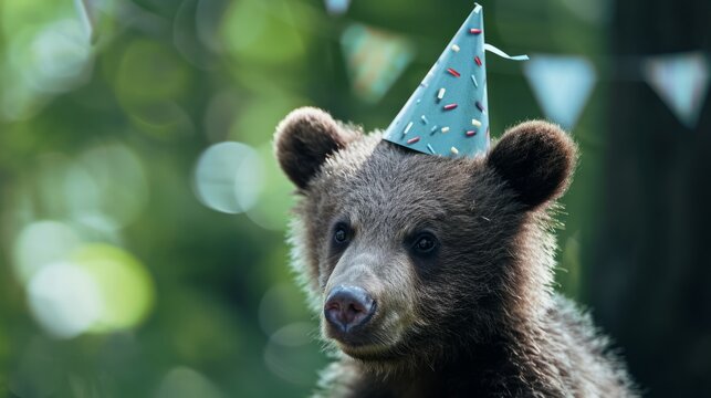 Bear cub with birthday hat generative ai