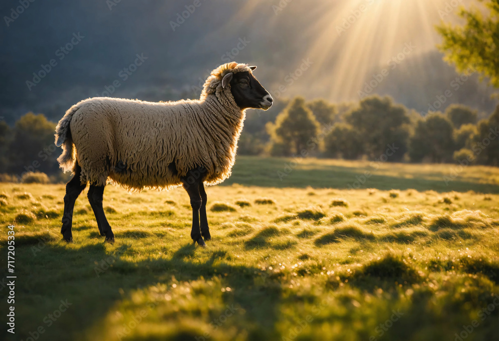 Wall mural sheep of the romanov breed. side view of sheep on a sunny evening pasture.