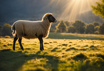 Fototapeta premium Sheep of the Romanov breed. Side view of sheep on a sunny evening pasture.