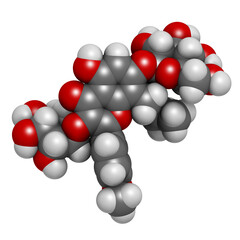 Icariin herbal flavonoid molecule. 3D rendering.