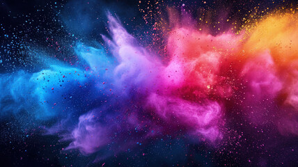 Explosion of bright colorful paint on dark background, splash of multicolored powder, abstract pattern of colored dust splash. Concept of spectrum, burst, swirl, banner, holi - obrazy, fototapety, plakaty
