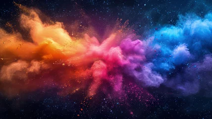 Gardinen Explosion of bright colorful paint on black background, burst of multicolored powder, abstract pattern of colored dust splash. Concept of spectrum, splash, swirl, holi, texture © karina_lo