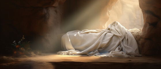 Jesus's empty tomb at sunrise. Concept of resurrection. - obrazy, fototapety, plakaty