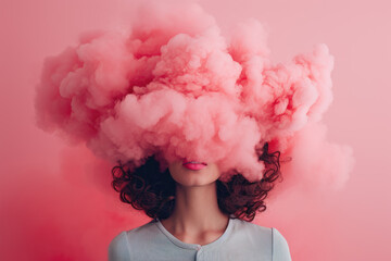 a young woman with her head in pink cloud on a pastel pink background	 - obrazy, fototapety, plakaty