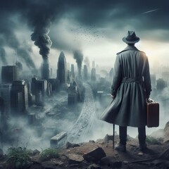 Noir atmosphere as a detective overlooks a city with rising smoke, in solitude.

