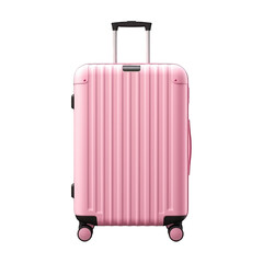 Front view of pink suitcase with the handle raised for travel with wheels isolated on a cutout PNG transparent background