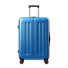 Front view of blue suitcase with the handle raised for travel with wheels on a cut out PNG transparent background
