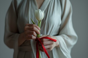 Faceless womans hands gracefully tying a red ribbon on a white tulip, conveying delicacy. Elegant Gesture with Tulip and Ribbon - obrazy, fototapety, plakaty