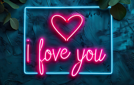 Neon  big  sign "Love" in the middle. Valentine or birthday or Mother's Day concept. Generative AI