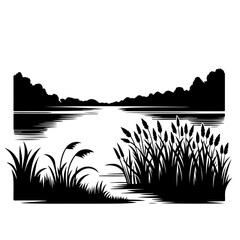 Lake at night with the gentle rustle of reeds and rushes along the shoreline Vector Logo Art - obrazy, fototapety, plakaty