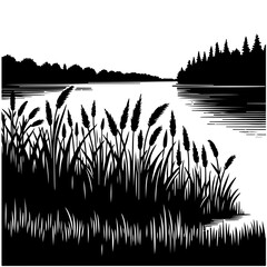 Lake at night with the gentle rustle of reeds and rushes along the shoreline Vector Logo Art - obrazy, fototapety, plakaty