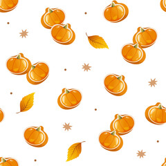 Cozy autumn seamless pattern with pumpkins biscuits and leaves.