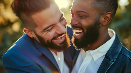 Happy candid interracial gay couple on their wedding day, queer men getting married - Powered by Adobe
