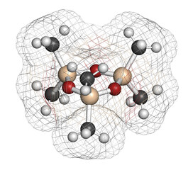 Hexamethylcyclotrisiloxane (D3) cyclic organosilicon molecule. 3D rendering.