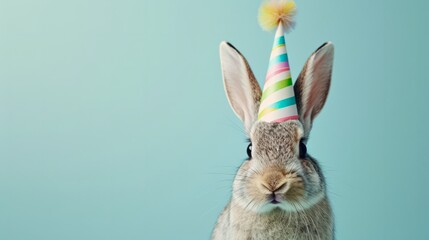 Bunny with birthday hat generative ai - obrazy, fototapety, plakaty
