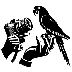 Parrot perched on a photographer_s hand during a photo shoot Vector Logo Art