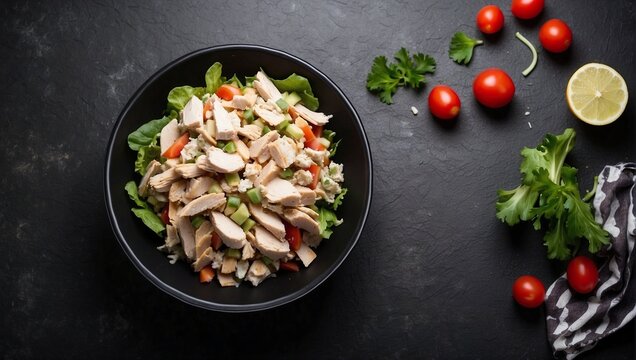 Top view of salad with chicken on blank black background, copy space, can be used for advertising salad with chicken