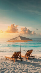 Two beach chairs with an umbrella on an empty sandy beach at dawn.
