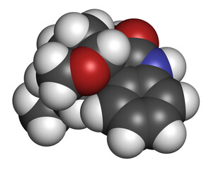 Gelsemine alkaloid molecule. 3D rendering.
