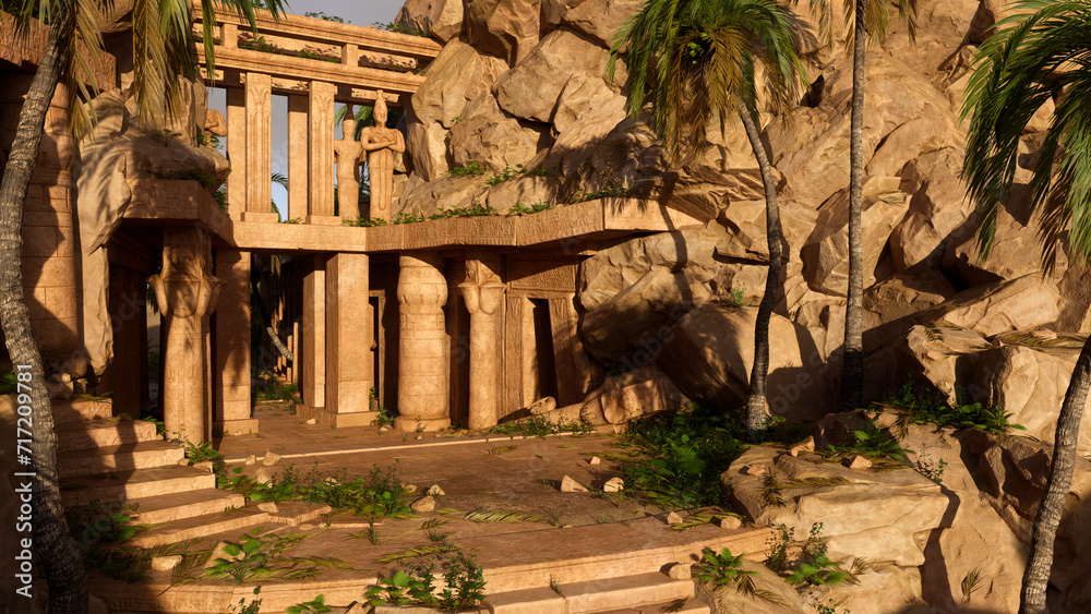 Poster Ancient Egyptian temple with columns and statues built into the side of a mountain. 3D rendering.