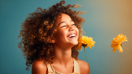 A smiling African American girl with flowers and spring season colors